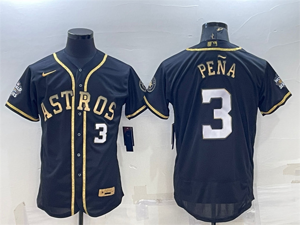 Men's Houston Astros #3 Jeremy Peña Black Gold 2022 World Series Flex Base Stitched Jersey